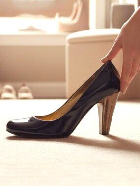 Giuseppe Zanotti Verona  Black Patent Leather Architectural Bronze Tone Heel